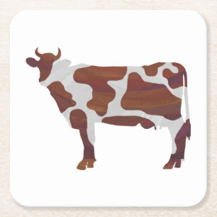 Cow Brown and White Silhouette Square Paper Coaster