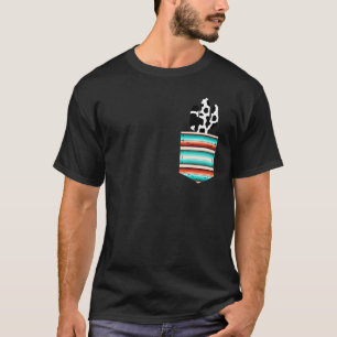 Cow Cactus In Serape Pocket Print Turquoise T-Shirt