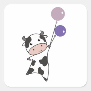 Cow Calf Flies Balloons Upwards Cute Animals Square Sticker