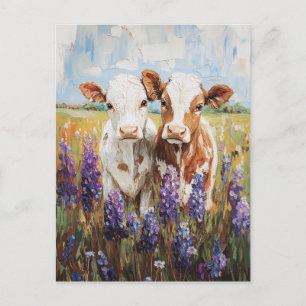 Cow Calves Lupine Flowers Painting Postcard