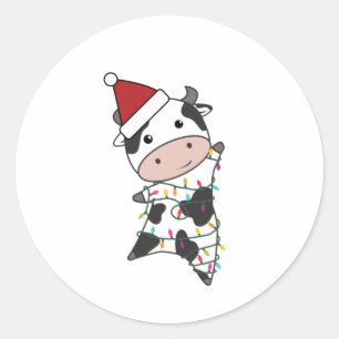 Cow Christmas Fairy Lights Cute Animals For Kids Classic Round Sticker