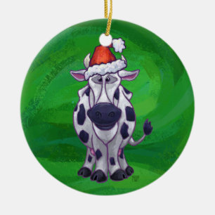 Cow Christmas On Green Ceramic Tree Decoration