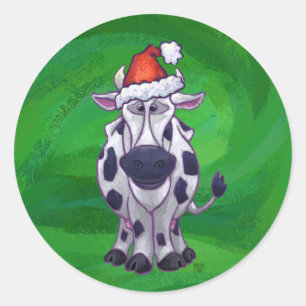 Cow Christmas On Green Classic Round Sticker