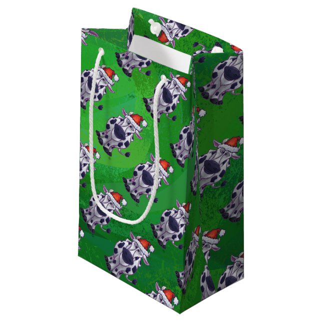Cow Christmas On Green Small Gift Bag (Front Angled)