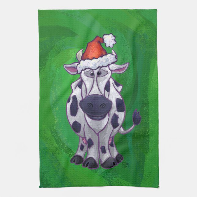 Cow Christmas On Green Tea Towel (Vertical)