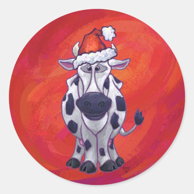 Cow Christmas on Red Feild Classic Round Sticker (Front)