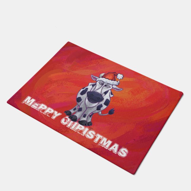 Cow Christmas on Red Feild Doormat (Angled)