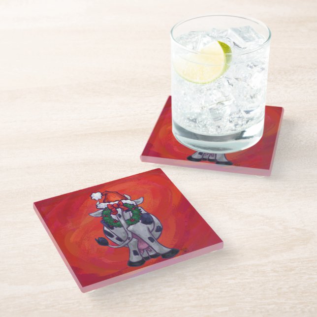 Cow Christmas on Red Feild Glass Coaster (Angled)