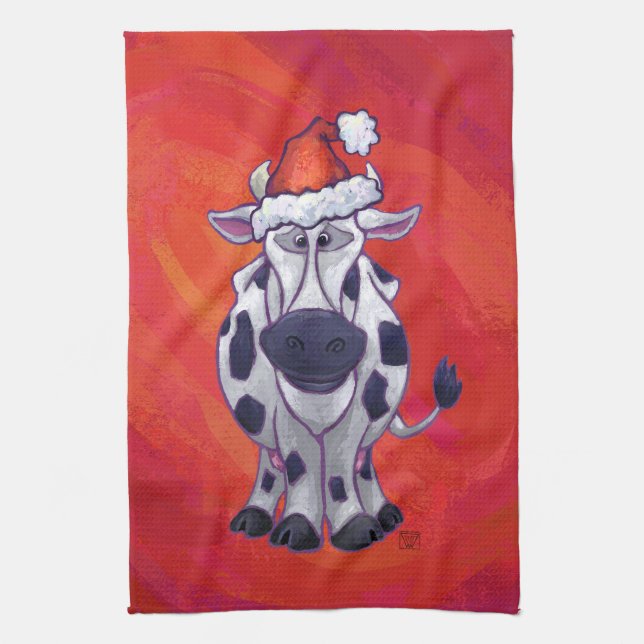 Cow Christmas on Red Feild Tea Towel (Vertical)