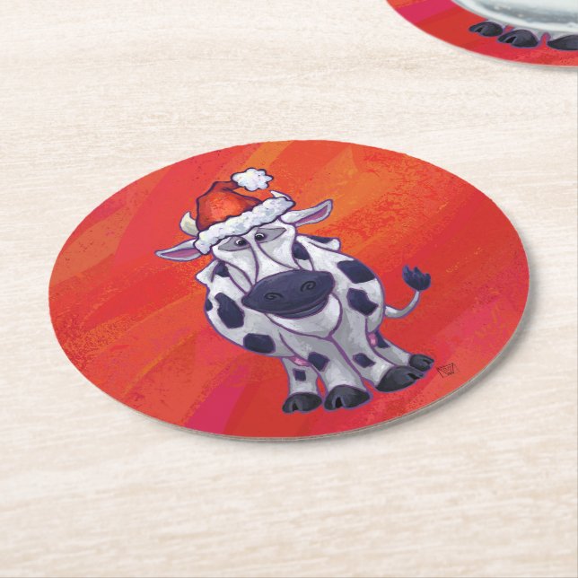 Cow Christmas Round Paper Coaster (Angled)