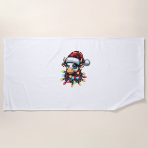 Cow Christmas Santa Hat Buffalo Plaid Xmas Cow Lov Beach Towel