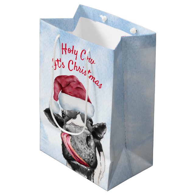 Cow Christmas Watercolor Medium Gift Bag (Front Angled)