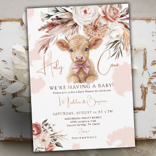 Cow Country Western Cowboy Pink Bow Baby Shower Invitation