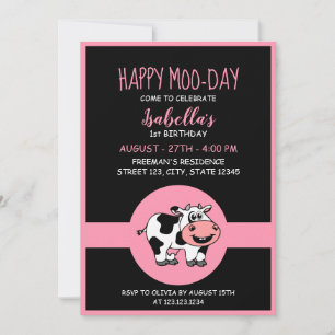 Cow Cute Farm Animal Themed Girl 1st Birthday Invitation