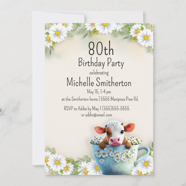 Cow Daisy Covered Tea Cup 80th Birthday Invitation (Front)