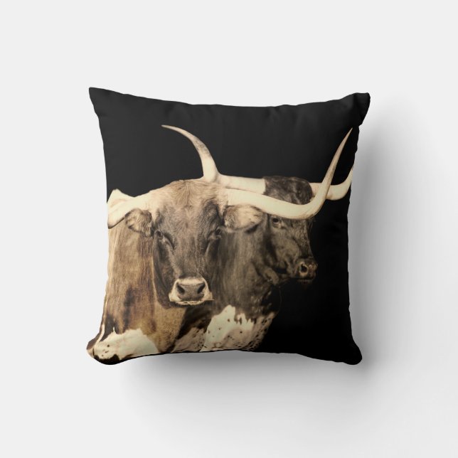 cow decor longhorns sepia tones on black cushion (Front)