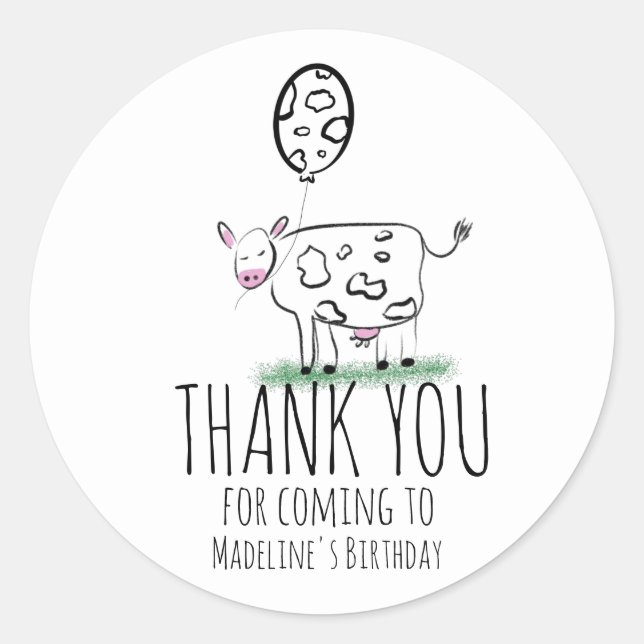 Cow Doodle Farm Animal Birthday Party  Thank You Classic Round Sticker (Front)