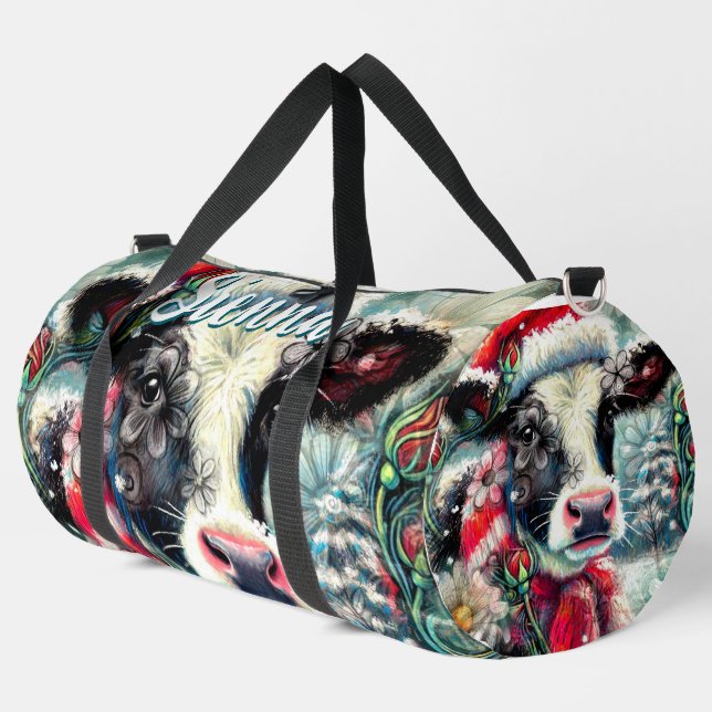Cow Dreaming of Warmer Times Floral Personalised Duffle Bag (Left Corner)