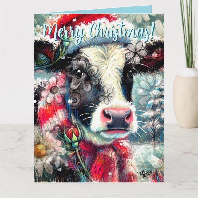 Cow Dreaming of Warmer Times Floral Personalized Card (Front)