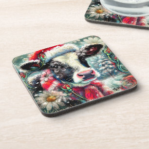 Cow Dreaming of Warmer Times Teal Red Floral Coaster