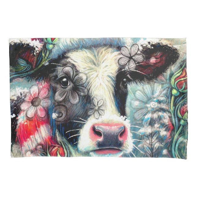 Cow Dreaming of Warmer Times Teal Red Floral Pillowcase (Front)