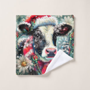 Cow Dreaming of Warmer Times Teal Red Floral Wash Cloth