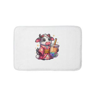 Cow Drinking Bubble Tea Japanese Kimono _1_1 Bath Mat