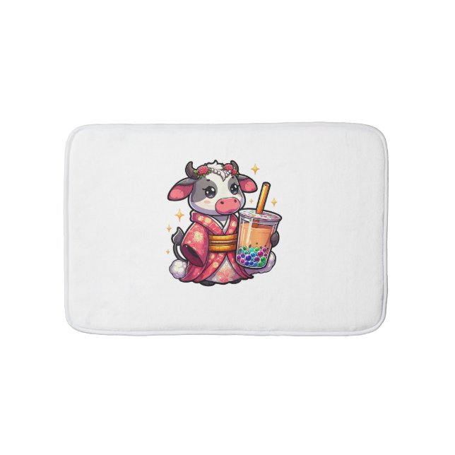 Cow Drinking Bubble Tea Japanese Kimono _1_1 Bath Mat (Front)