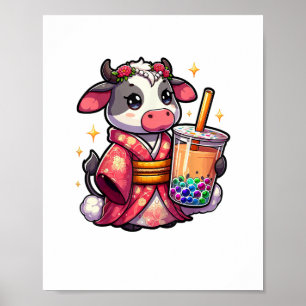 Cow Drinking Bubble Tea Japanese Kimono _1_1 Poster