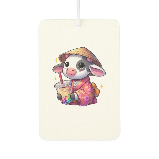 Cow Drinking Bubble Tea Japanese Kimono _1 Car Air Freshener (Front)