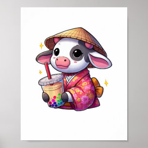 Cow Drinking Bubble Tea Japanese Kimono _1 Poster