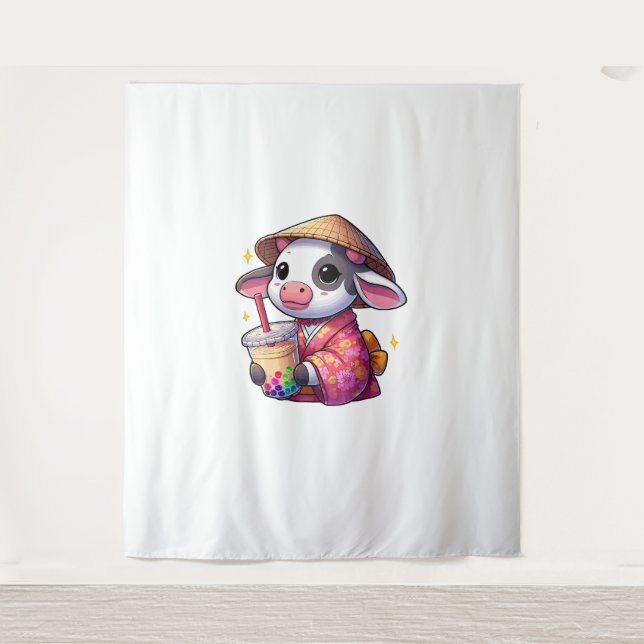 Cow Drinking Bubble Tea Japanese Kimono _1 Tapestry (Front)