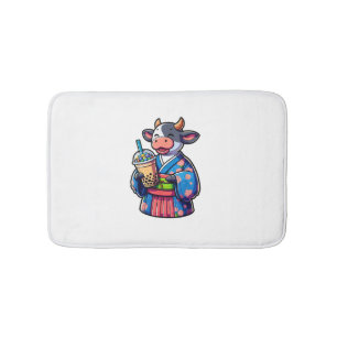 Cow Drinking Bubble Tea Japanese Kimono _2 Bath Mat
