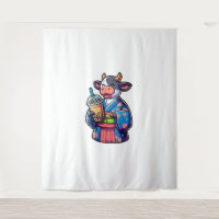 Cow Drinking Bubble Tea Japanese Kimono _2