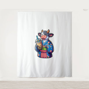 Cow Drinking Bubble Tea Japanese Kimono _2 Tapestry