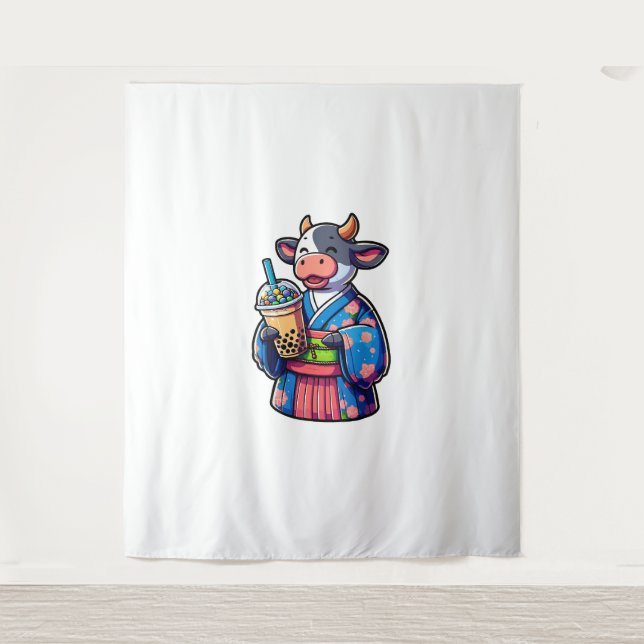 Cow Drinking Bubble Tea Japanese Kimono _2 Tapestry (Front)