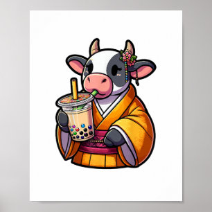 Cow Drinking Bubble Tea Japanese Kimono Poster