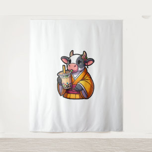 Cow Drinking Bubble Tea Japanese Kimono Tapestry