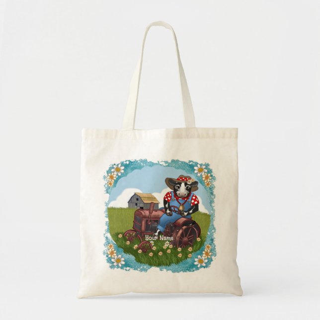 Cow Driving Tractor Tote Bag (Front)