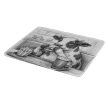 Cow Eating a Hamburger Sketch Glass Cutting Board