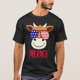 Cow Face 4th Of July Usa Sunglasses American Flag  T-Shirt