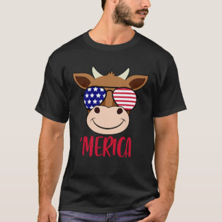 Cow Face 4th Of July USA Sunglasses American Flag T-Shirt