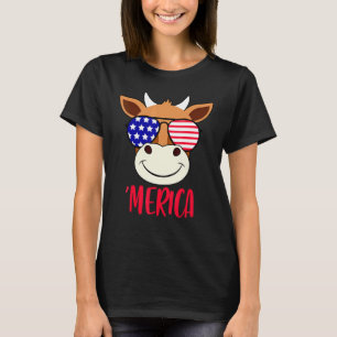 Cow Face 4th Of July Usa Sunglasses American Flag T-Shirt