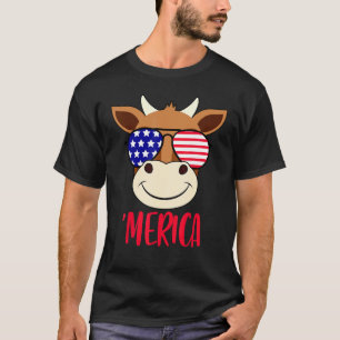 Cow Face 4th Of July Usa Sunglasses American Flag  T-Shirt
