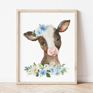 Cow, Farm Animals, Barn, Blue Flowers, Boy Nursery Photo Print
