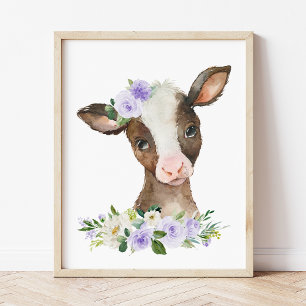 Cow, Farm Animals, Purple Flowers, Gender Neutral Photo Print