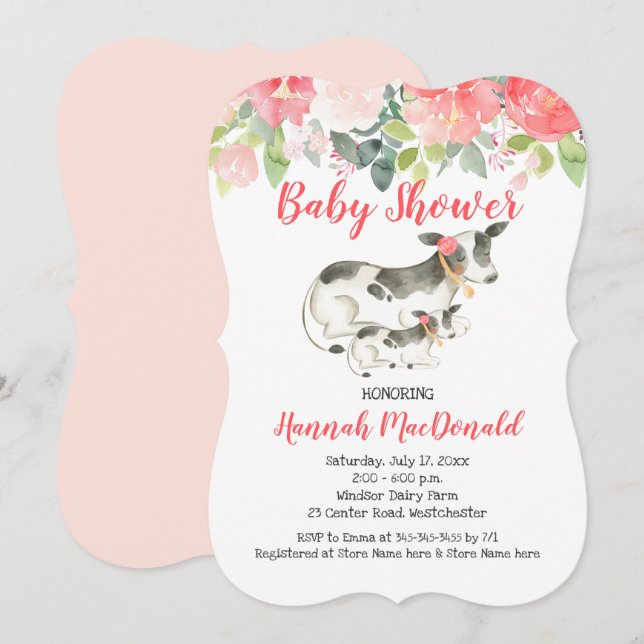 Cow Farm Coral and Pink Floral Baby Shower Invite (Front/Back)