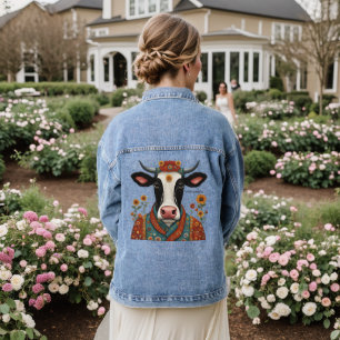 Cow Floral Folk Art Personalised Denim Jacket