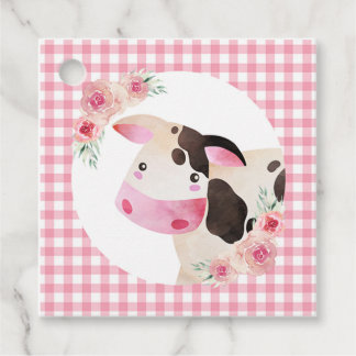 Cow Floral Pink Gingham Farm Animals Thank You Favour Tags