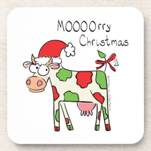 Cow Funny Cartoon Christmas Holiday Coaster